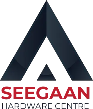 Seegaan Hardware Centre logo — red SEEGAAN wordmark with navy triangular mark